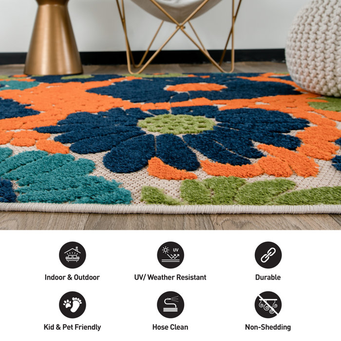 Andover Mills™ Alyshia Floral Orange/Navy/Green Indoor & Outdoor Area